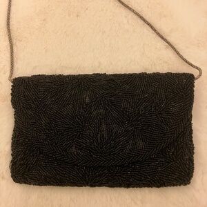 Vintage Walborg Hand Beaded Evening Black Clutch With Chain Strap